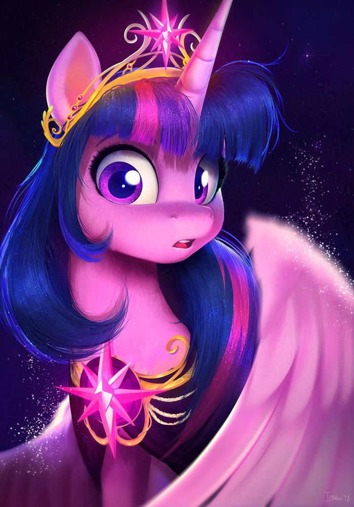 Princess Twilight looking a little surprised as she looks at someone while dressed in her royal regalia.