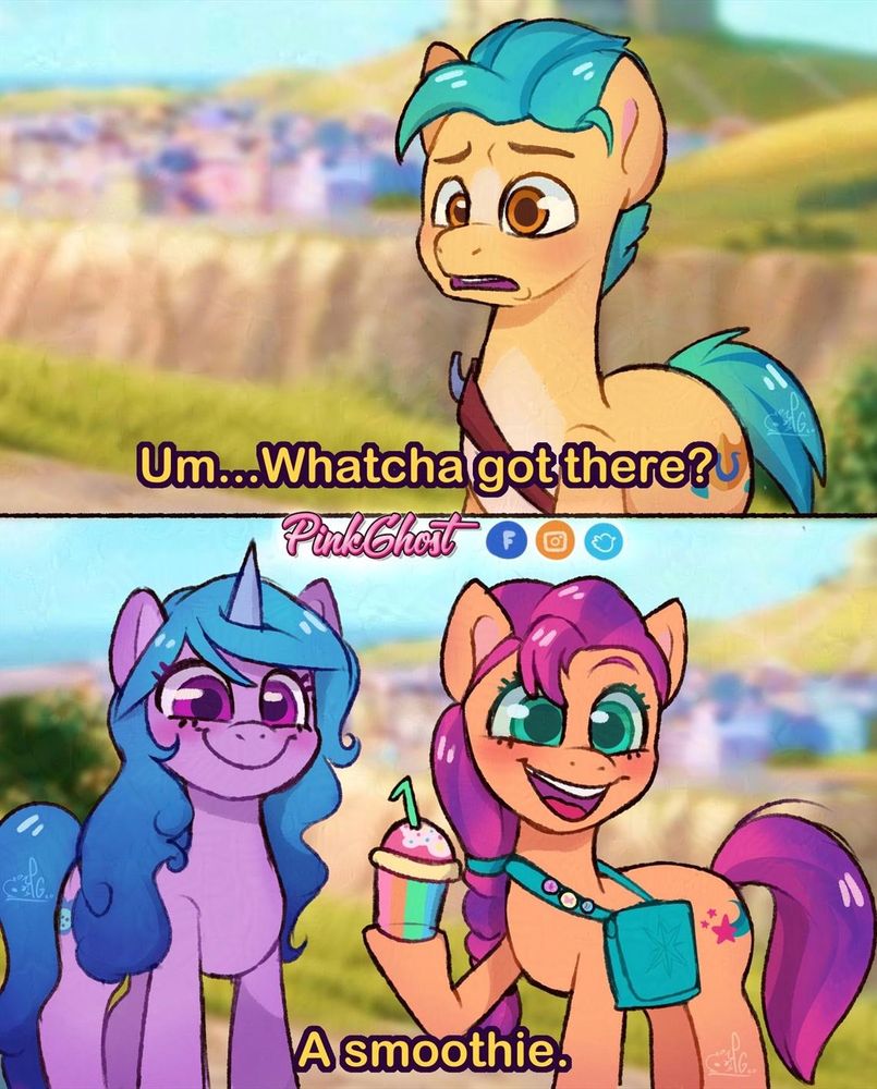 Hitch looks outscreen with concern on his face as he asks with uncertainty, Whatcha got there? The scene switches to Sunny standing next to Izzy, the two smiling as Sunny holds up a smoothie and says back, A smoothie.