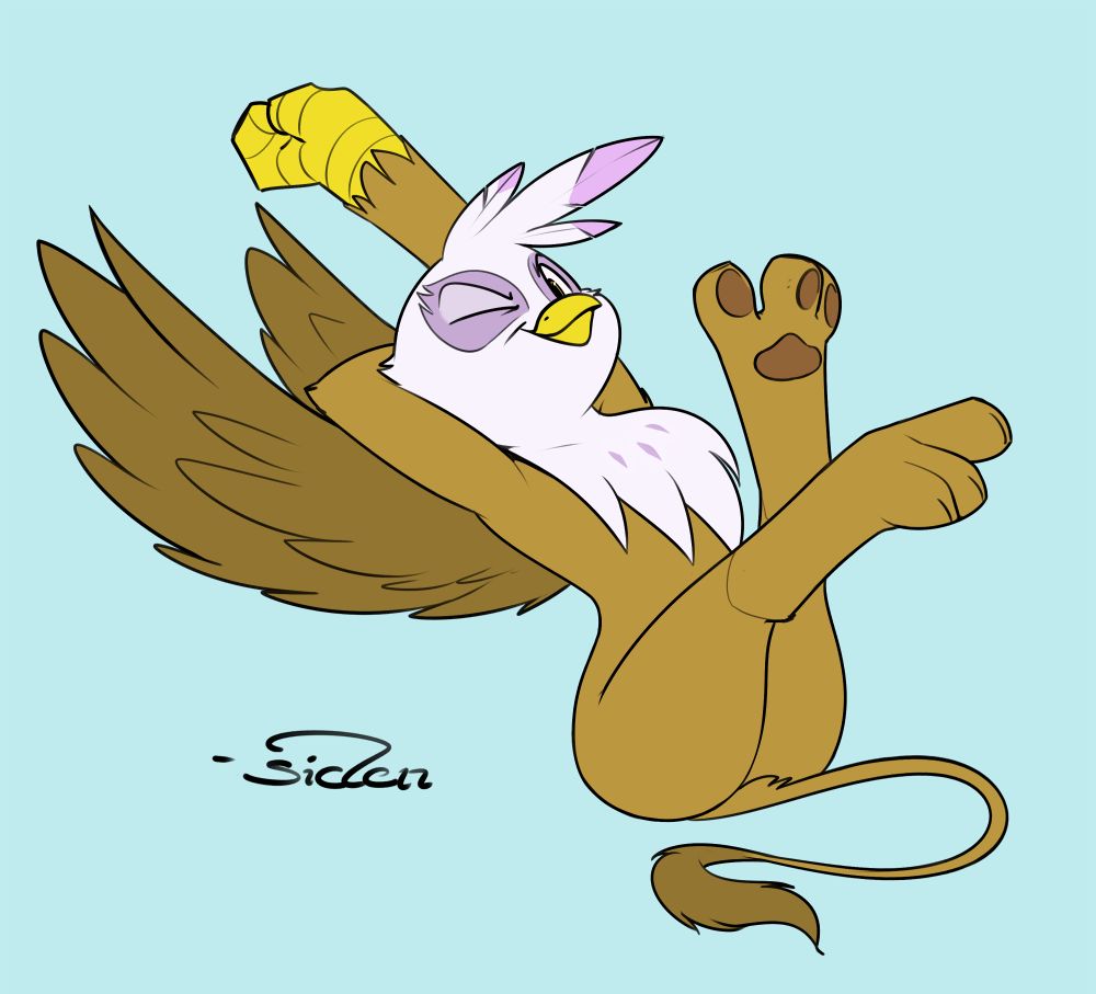 Gilda doing a big stretch with her legs in the air, an arm behind her head and one arm raised behind her, one eye closed as the other open eye looks at the viewer.