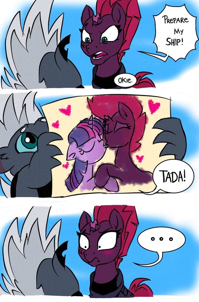 Tempest tells Grubber to prepare her ship to which he says ok and holds up a picture of Tempest and Twilight kissing, him saying Tada! Tempest looks at it with a surprised frown on her face, blushing heavily in silence.