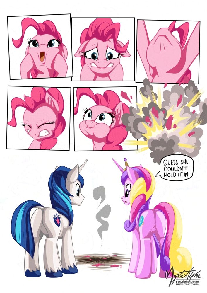 Pinkie Pie makes face after face, looking as if she is struggling with herself till she eventually puffs up and literally explodes, unable to hold in Cadance and Shining's secret. Shining and Cadance look at the smoldering mark where she was and Cadance says Guess she couldn't hold it in.