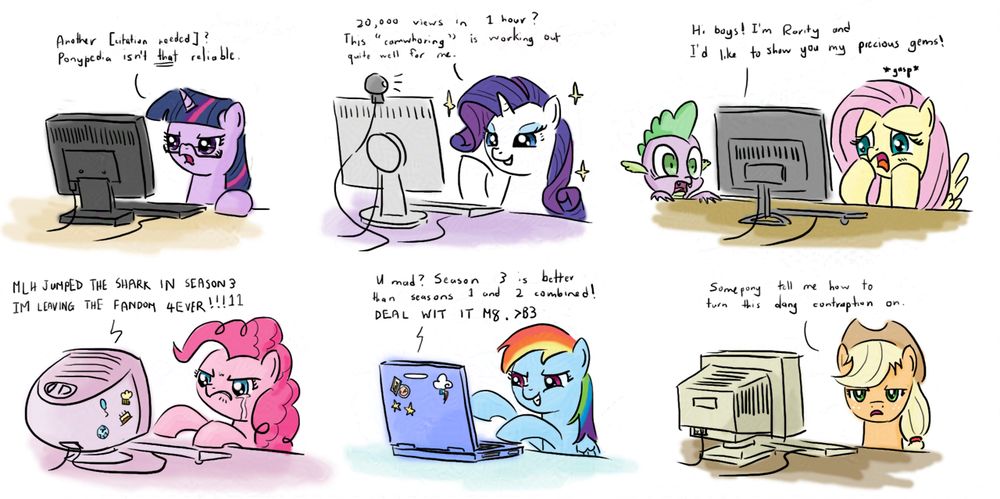 The mane six are on their computers, Twilight is editing Ponypedia for errors, Rarity is camwhoring, Fluttershy and Spike are discovering Rarity camwhoring online, Pinkie is complaining that My Little Human after season 2 started to go downhill while Rainbow explains online to Pinkie that season 3 was the best yet. Meanwhile, Applejack just wants to know how to turn on her ancient computer complete with a CRT screen.