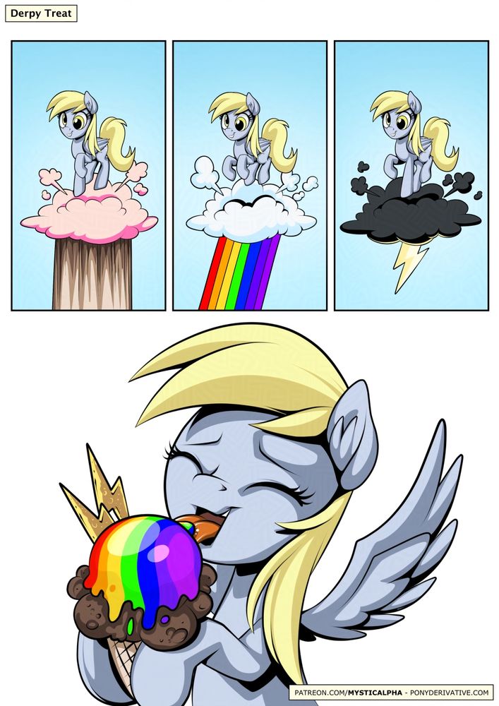 Derpy is seen jumping on three different clouds: one for chocolate, one for rainbows and another for lightning. What results is a chocolate ice cream cone with rainbow sauce and lightning bolts on the side as toppings that Derpy gladly is eating up.