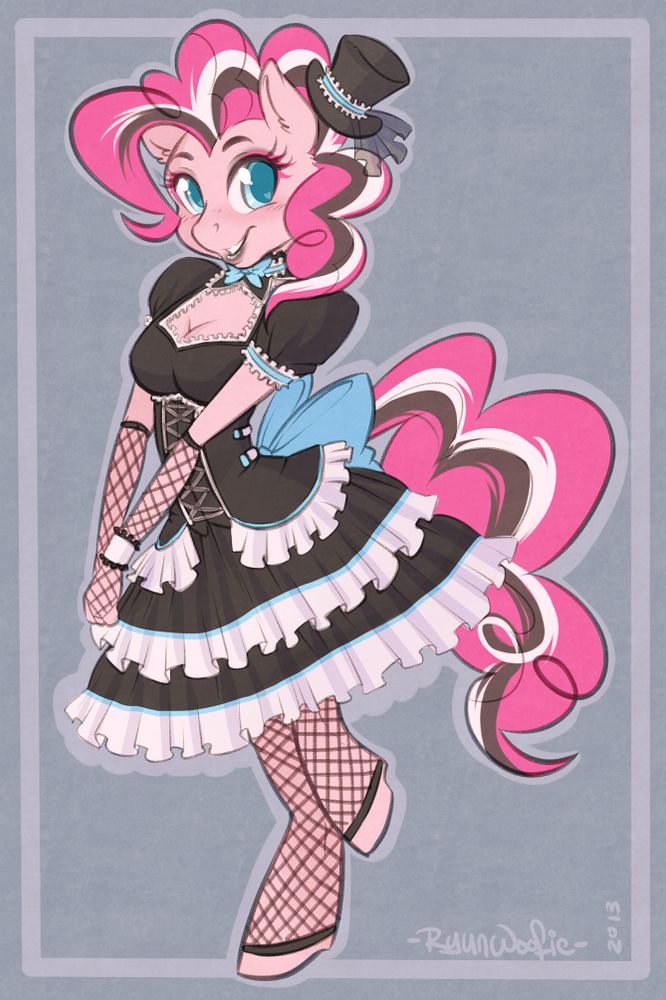 Anthro Pinkie dressed in a gothic lolita style black dress with white fringe, fishnets on her legs and forearms, topped off with a little top hat on her head.