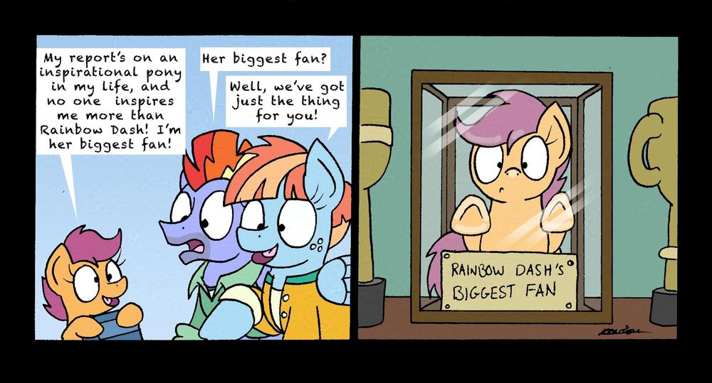 Scootaloo talks with Rainbow Dash's parents, saying she wants to write a report on a pony that inspires her and no one inspires her more than Rainbow Dash as she is her biggest fan. The parents react on hearing the words biggest fan, knowing their daughter is the best and biggest at everything. They say they have just the thing for Scootaloo, which is to put her in a display case that reads Rainbow Dash's Biggest Fan, adding her to the collection.