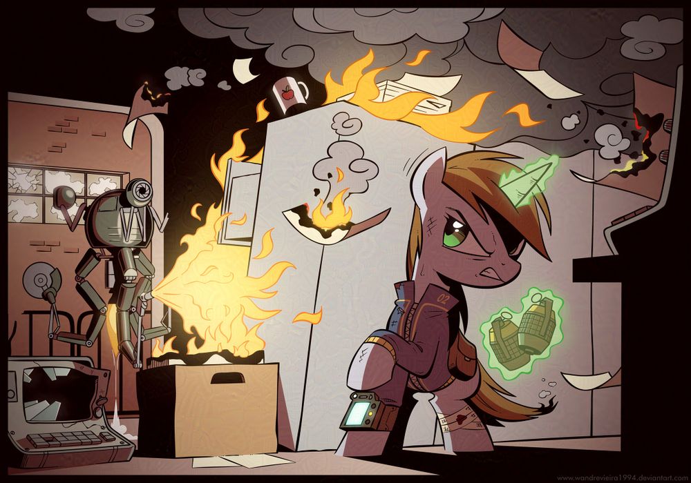 Little Pip hides behind some filing cabinets, a Mr. Handy using fire on her cover as she primes two grenades to throw at the devilish robot.