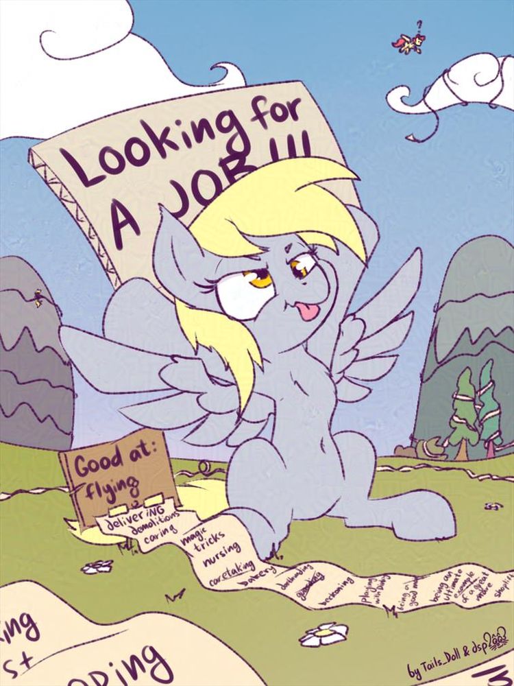 Derpy holding a sign above her head saying looking for a job, the mare looking cranky, a sign next to her saying she is good at flying with a list taped to it filled with her other credentials.