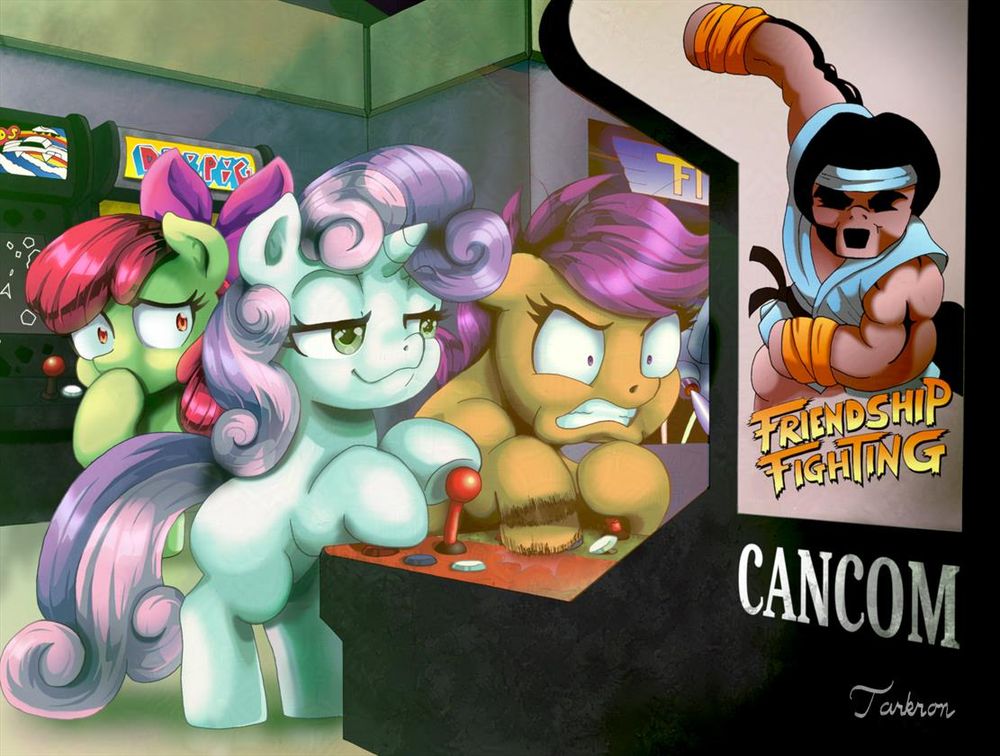 Sweetie Belle and Scootaloo are playing an arcade game called Friendship Fighting by Cancom. Sweetie Belle has a smug look on her face, using her hooves instead of magic to play while Scootaloo looks frustrated, mashing the buttons as she is obviously losing to Sweetie. Even Apple Bloom looks on from behind them, a hoof to her mouth as she watches Scootaloo get slaughtered in the game by Sweetie.