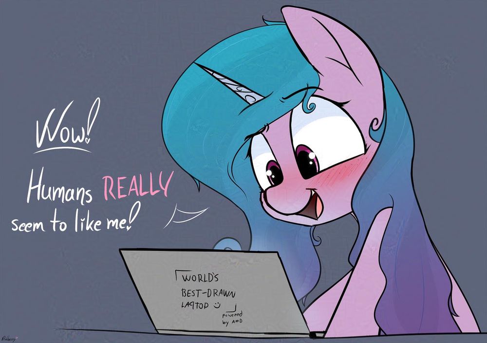 Izzy looking at a laptop with a blush on her cheeks as she says to herself, "Wow! Humans really seems to like me."