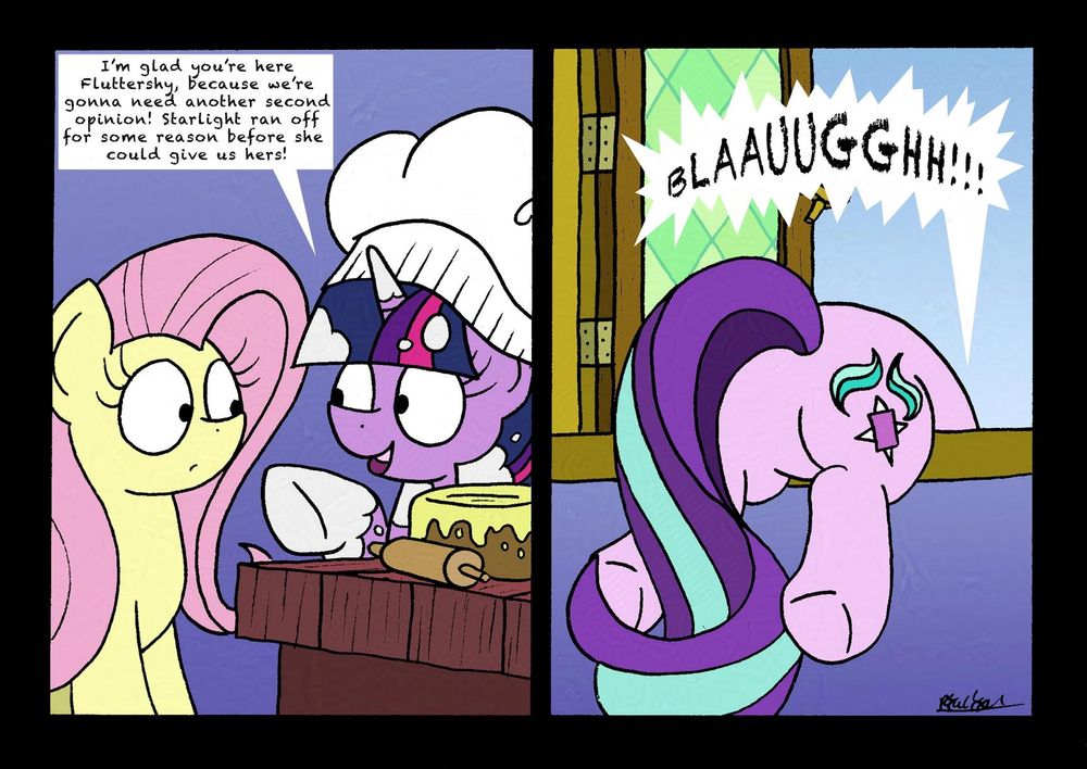 Twilight Sparkle has a chef's hat on her head, covered in flour as she has been baking. She asks Fluttershy who is standing next to her to be her second opinion on what she is baking because Starlight ran off on her. The scene cuts to Starlight vomiting out a window from testing Twilight's baking.