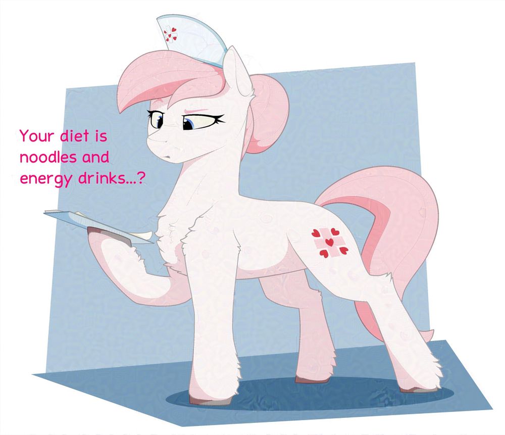 Nurse Redheart checking a chart with concern on her face as she asks a patient that their diet is primarily instant noodles and energy drinks.