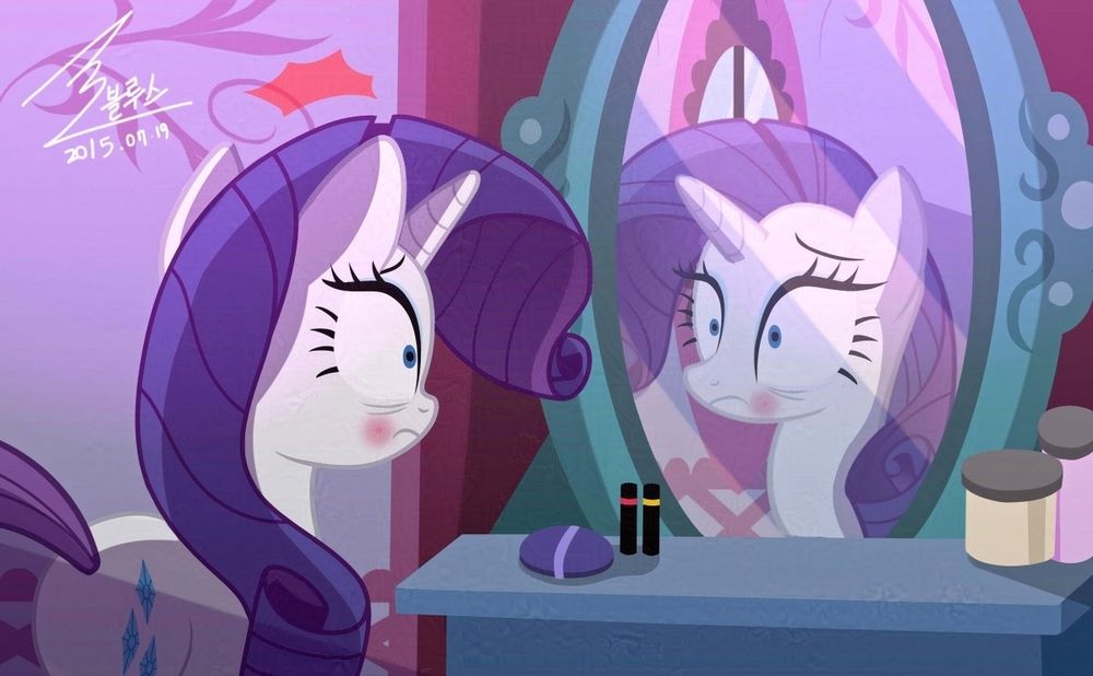 Rarity looks in her mirror with a horrified look on her face as she notices a brand new pimple that as appeared on her face.