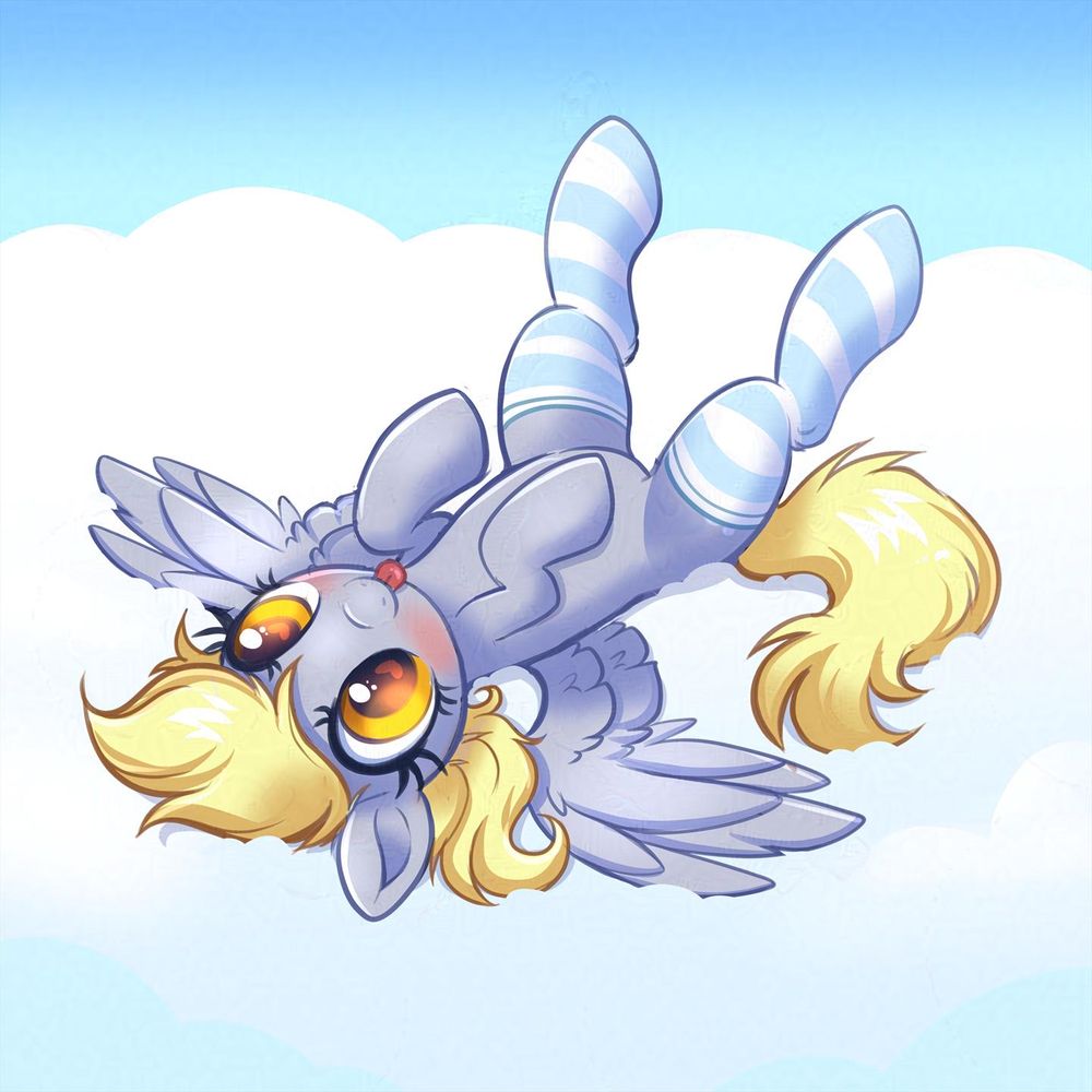 Derpy lays on her back in the clouds, tongue sticking out, her hindlegs kicked out clad in striped socks.