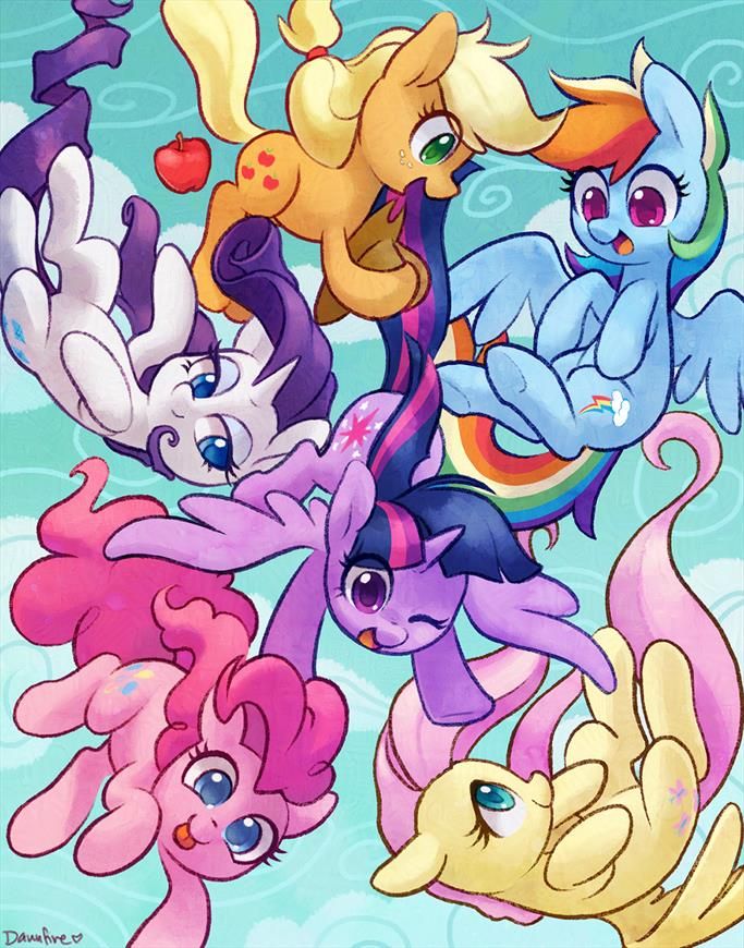 The mane six fall through the sky together looking relaxed and excited, each making their own dynamic pose.