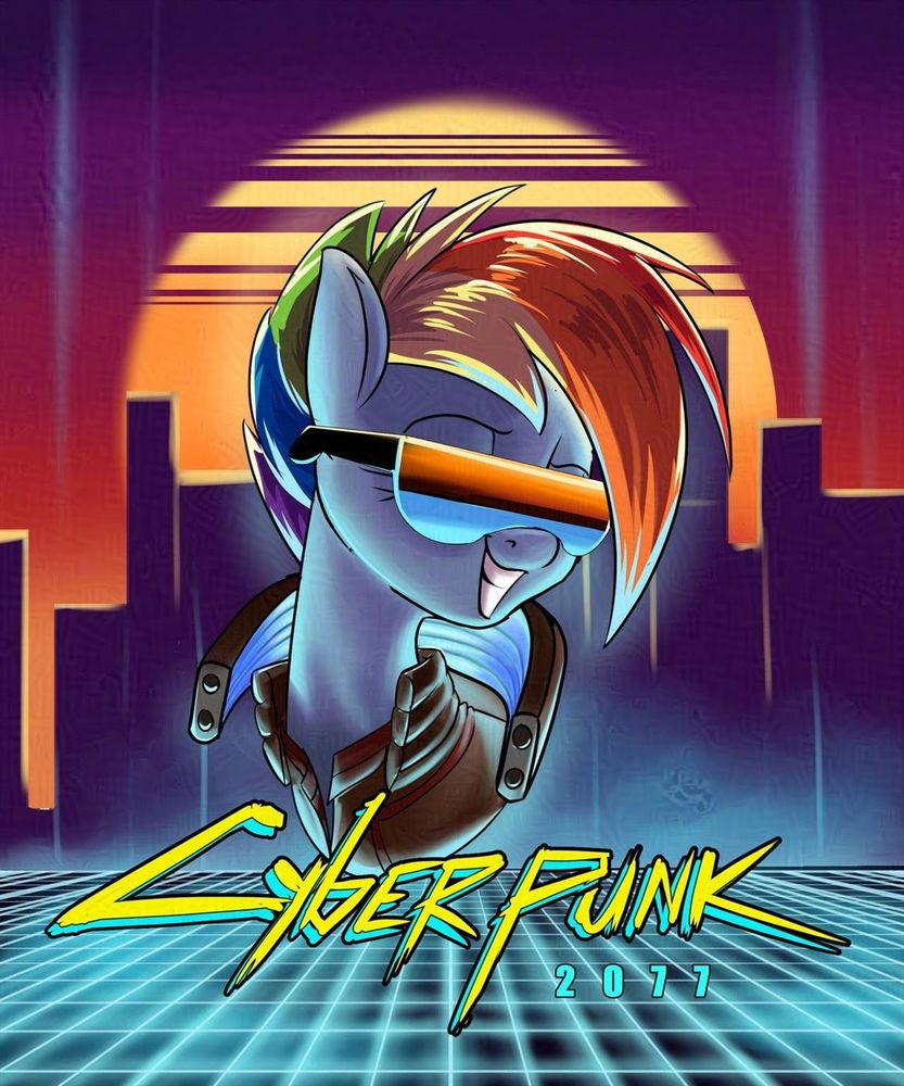 Rainbow Dash in front of a backdrop of a cyberpunk city, dressed in clothes and shades from the Cyberpunk setting, flashing a smile over the title Cyberpunk 2077.