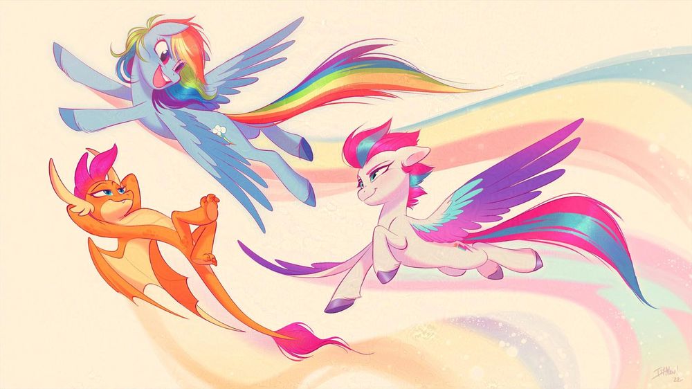 Rainbow Dash, Smolder and Zipp fly through the sky, leaving trails made up of their colors as they fly in formation with each other.