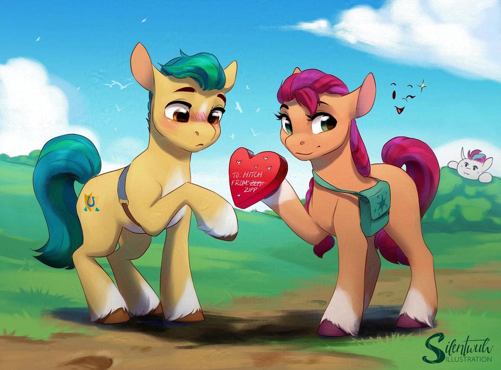 Sunny hoofs over a box of chocolates to Hitch, the box reading To Hitch From Zipp with Zeph being crossed out as Zipp tried to spell her full name, the pegasus hiding over in the bushes as she waits for Hitch's reaction. 