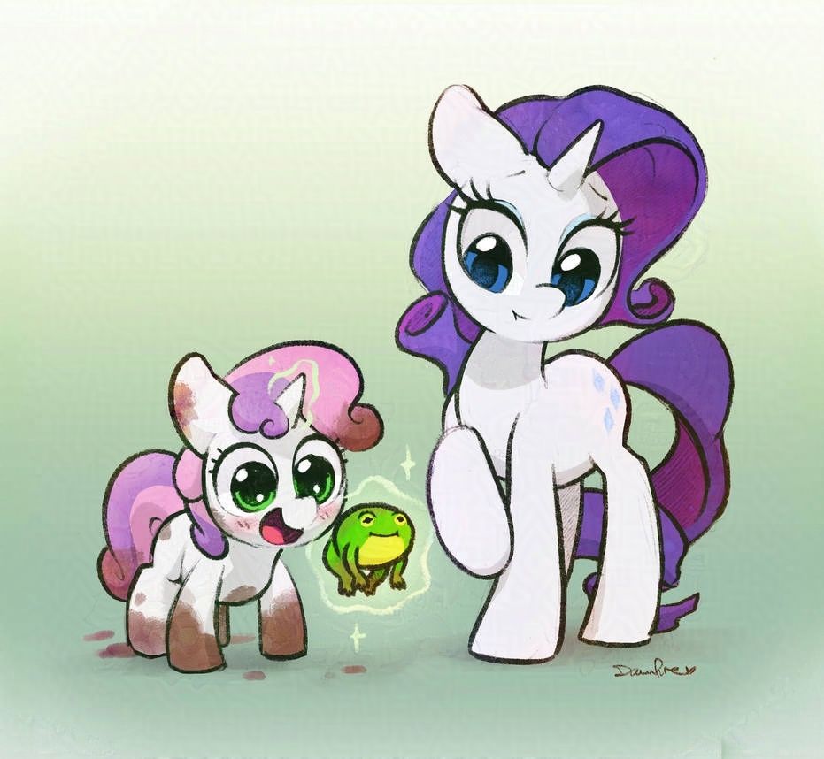 Sweetie Belle, covered in mud, levitates a frog she caught, looking excited while her sister watches on beside her, looking a little perturbed by the mess.
