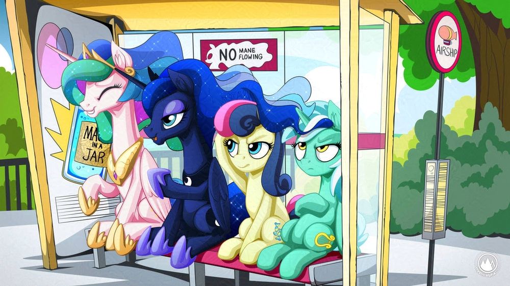 Celestia and Luna sit in a bus stop, their ethereal manes floating over Lyra and Bon Bon who look annoyed, a sign in the background saying No Flowing Manes.
