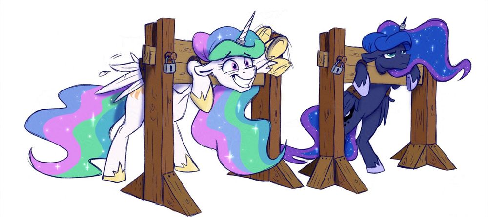 Celestia and Luna locked in stocks, their wings bound and anti-magic rings on their horns. Celestia smiles nervously and waves at the crowd while Luna looks annoyed by the situation they have found themselves in.