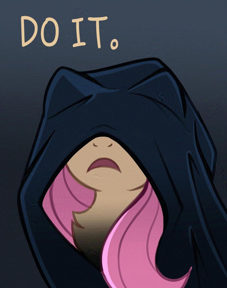 Fluttershy dressed in dark Sith robes that cover her eyes simply saying Do It in reference to the popular Star Wars meme.