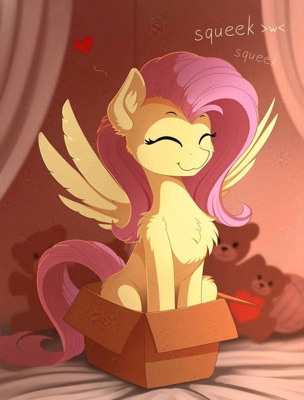 Fluttershy sitting in a cardboard box, her eyes shut as she smiles, squeaking cutely in her box, wings outstretched.