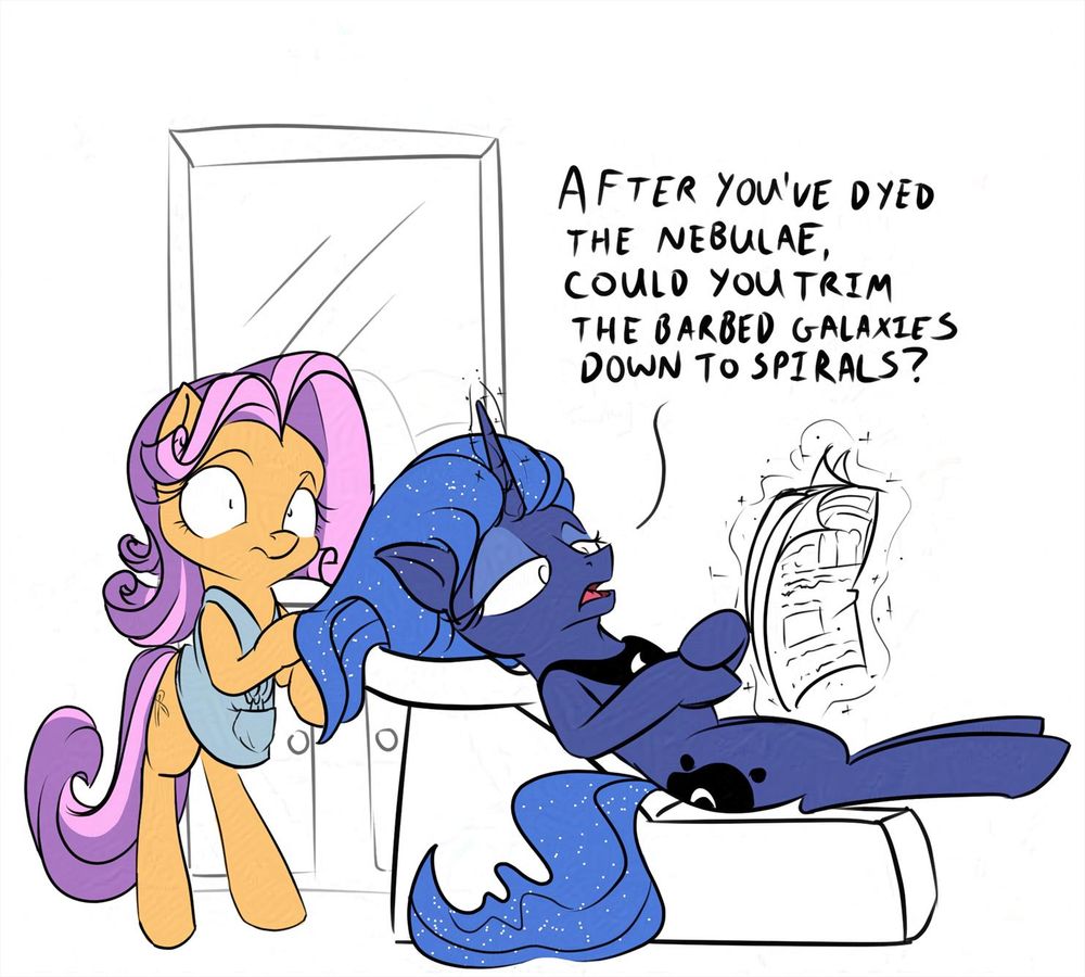 Luna is at the salon, resting in a leaned back chair, her mane in a faucet being worked on by the stylist as Luna reads the paper. She casually mentions to the stylist that after she has dyed the nebula to trim the barbed galaxies in her mane down to spirals.
