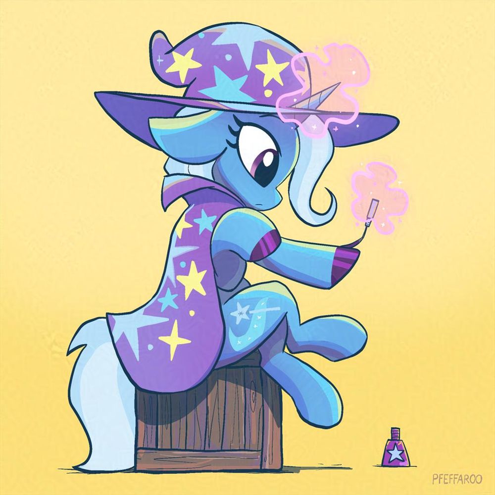 Trixie sits on a stump, carefully using levitation to paint her front hooves a deep purple with some hoof polish.