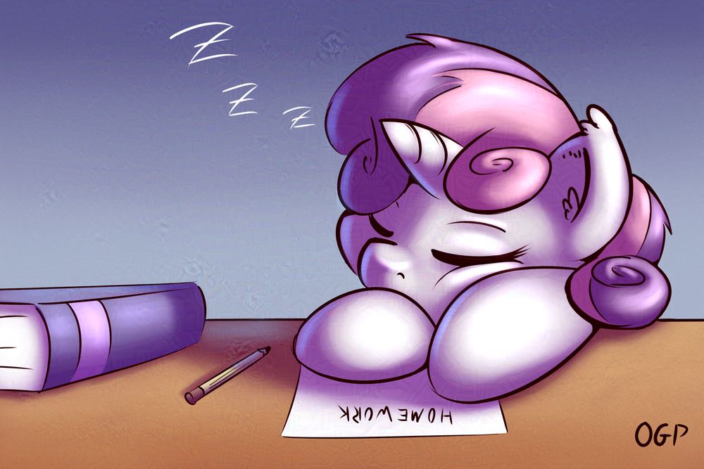 Sweetie Belle is sleeping on a desk, hovering over a paper titled Homework with nothing written on it.