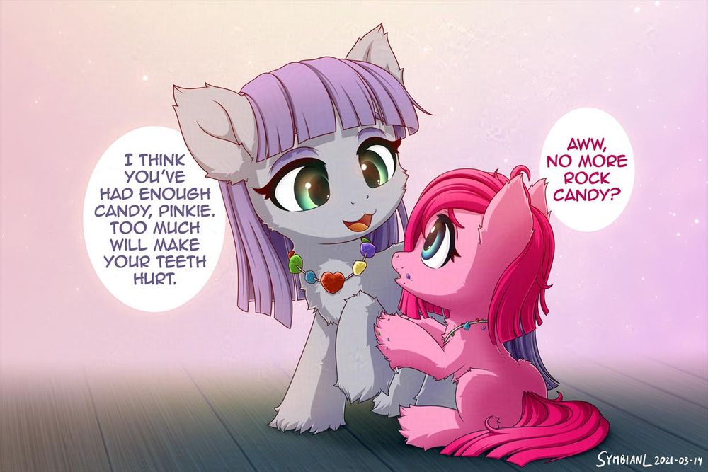 A young Maud and Pinkie are together, Maud telling Pinkie it's enough candy for today otherwise her teeth will hurt, as she mentions the already eaten rock candy necklace around Pinkie's neck as she reaches out for Maud's necklace.