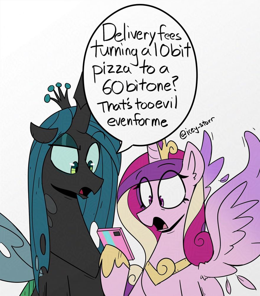 Cadance and Chrysalis look at Cadance's phone, Cadance is completely shocked as Chrysalis reads what is on the screen. She remarks a 10 bit pizza being turned into a 60 bit pizza with delivery is too evil even for her. 