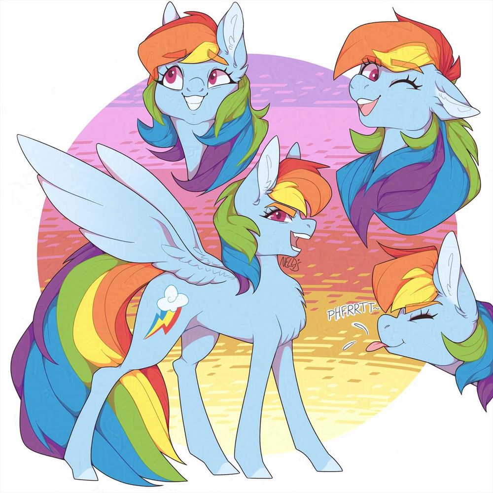 Various poses and headshots of Rainbow Dash just acting cool as always.