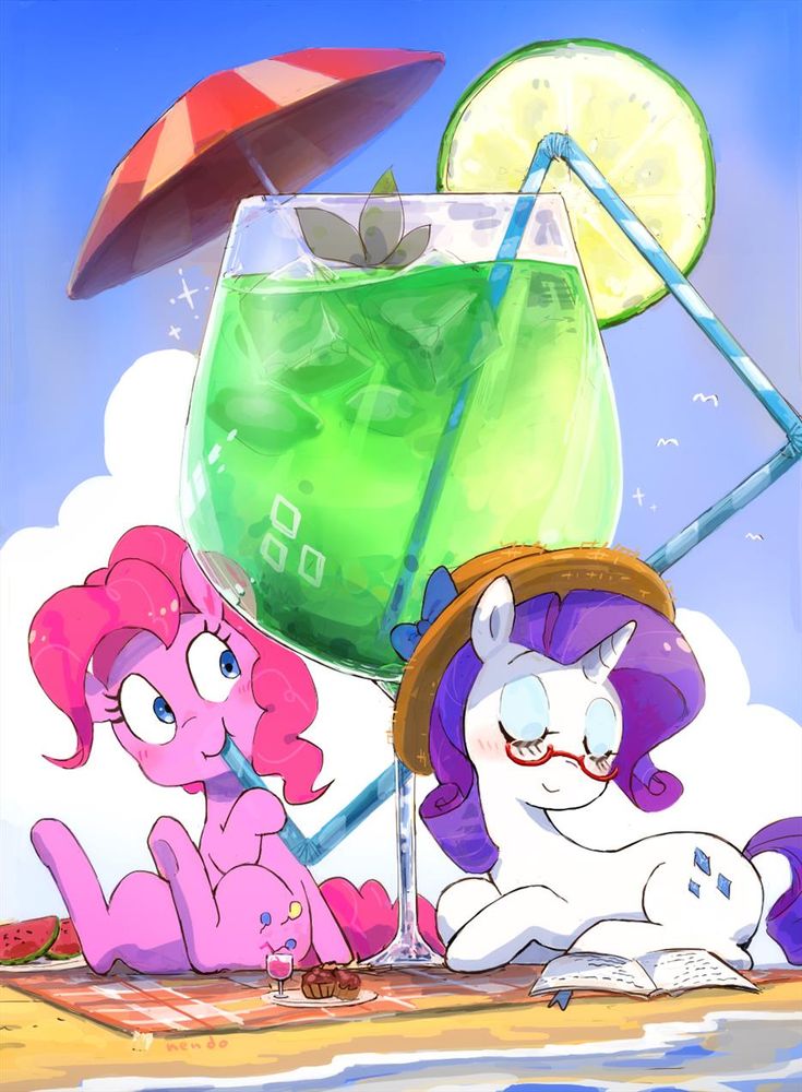 Pinkie and Rarity at the beach sharing a beach umbrella. While Rarity relaxes and reads a book Pinkie is sipping on a massive beverage that towers over her and Rarity, using a straw to drink it.