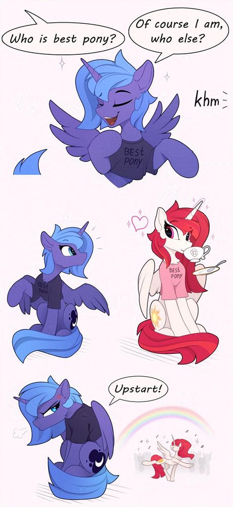 Someone asks from offscreen who is best pony to which Luna proudly exclaims it is her as she is wearing a black Best Pony shirt. An Ahem comes from the other side of the screen and Luna spots Celestia wearing a pink Best Pony shirt as she sips some tea. Luna huffs, looking angry as Celestia goes and dances under a rainbow with her fans, Luna calling her an upstart.