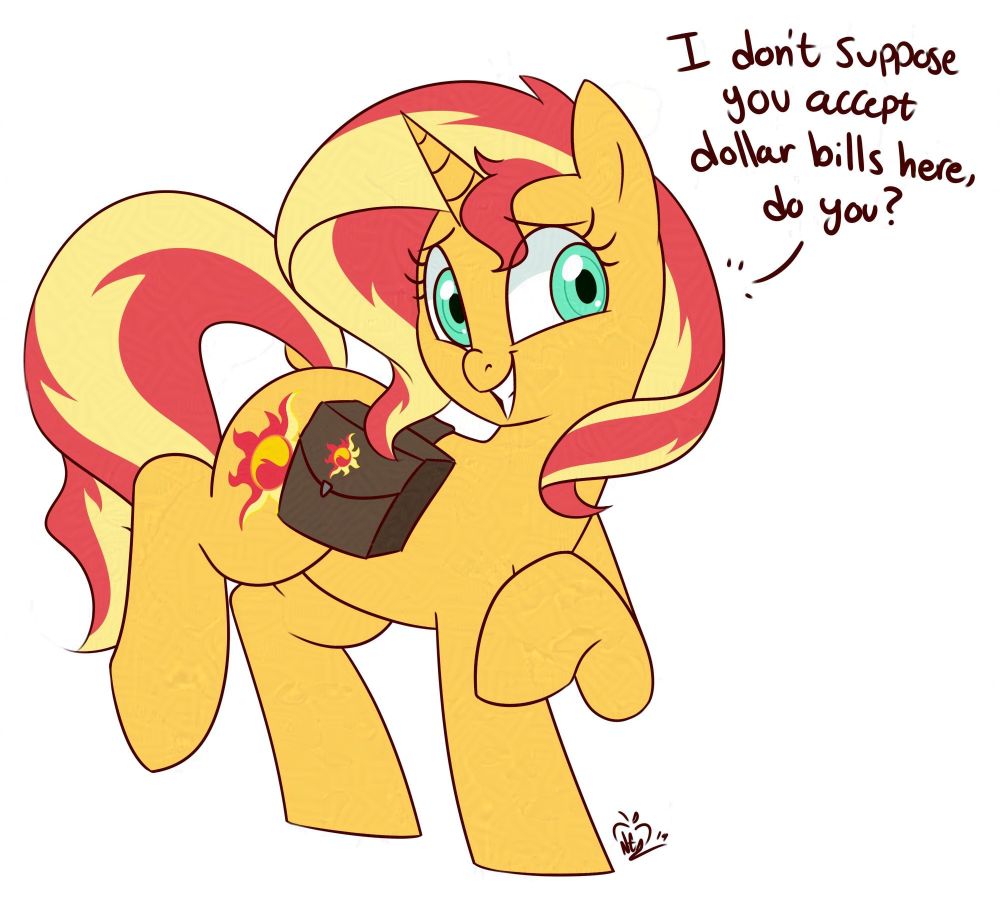Sunset Shimmer, wearing a saddlebag as she grins bashfully at someone offscreen, ask them if they happen to accept dollar bills as she had forgotten to bring bits to Equestria with her.