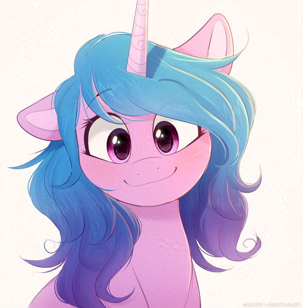 A simple bust of Izzy Moonbow looking at the viewer with a smile on her face.