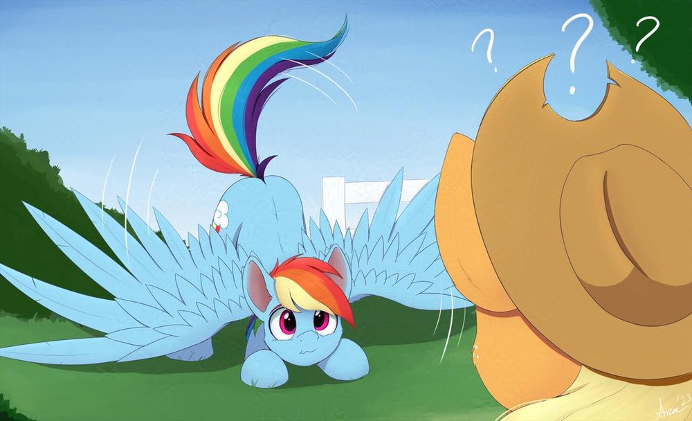 Rainbow Dash head down with rump up, spreads her wings wide in front of Applejack, scrunching her face up and flapping her wings in a courtship ritual for a confused Applejack.