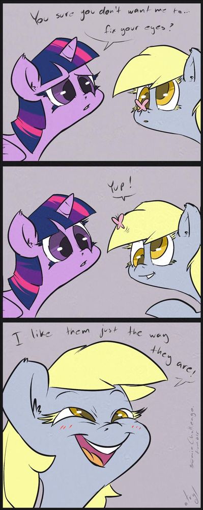 Twilight speaks with Derpy asking if she is sure she doesn't want Twilight to fix her eyes for her. She says Yep because she likes them just the way they are.