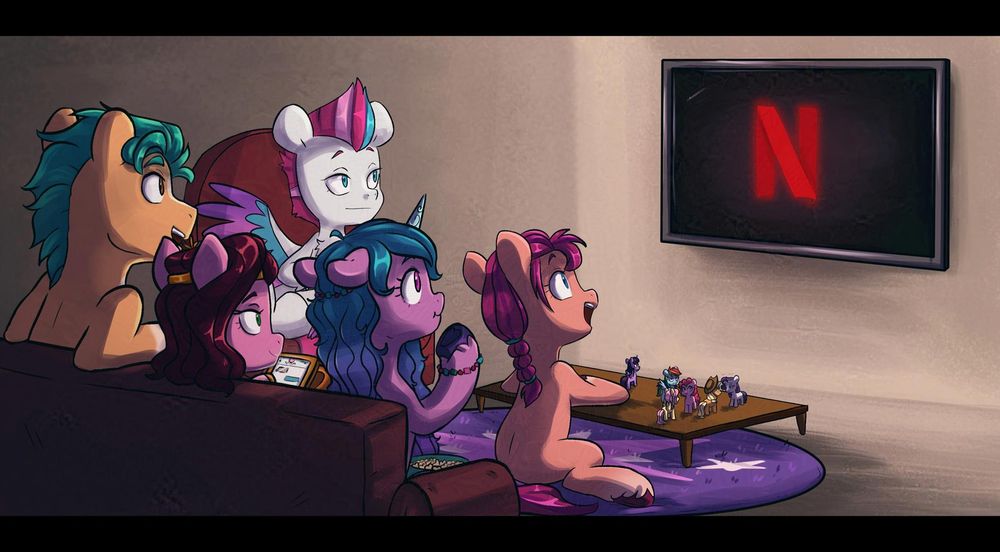 The mane five from the start of generation 5 sit around a television with the Netflix logo on it, Sunny out in front on the floor with her mane six figurines as the whole group waits for the premiere of the generation 5 movie.