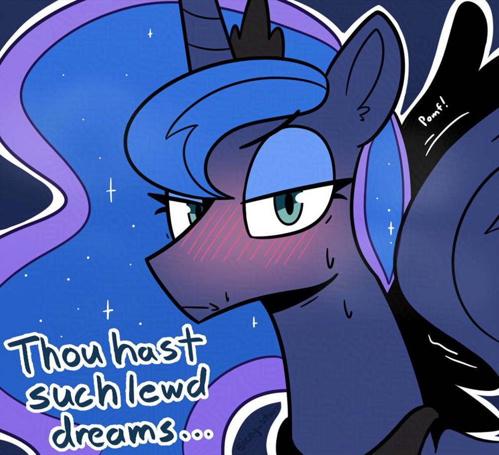 Luna looking at the viewer with a blush saying that thou hast such lewd dreams.