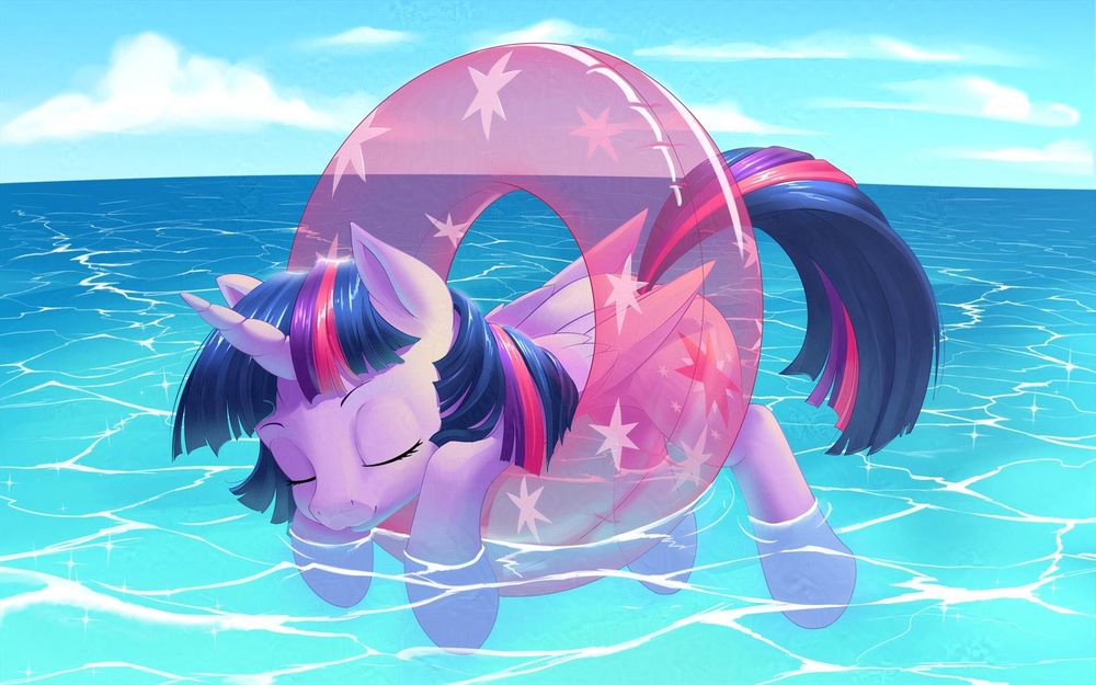 Twilight fast asleep in the ring of an inner tube, floating in the ocean, the inner tube standing vertically with Twi in the middle, her front and back hooves hanging in the water.