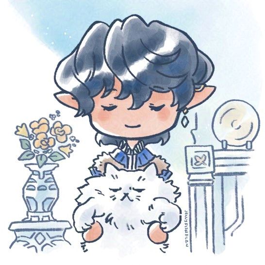 Drawing of chibi Aymeric smiling peacefully while holding a grumpy-looking white cat.