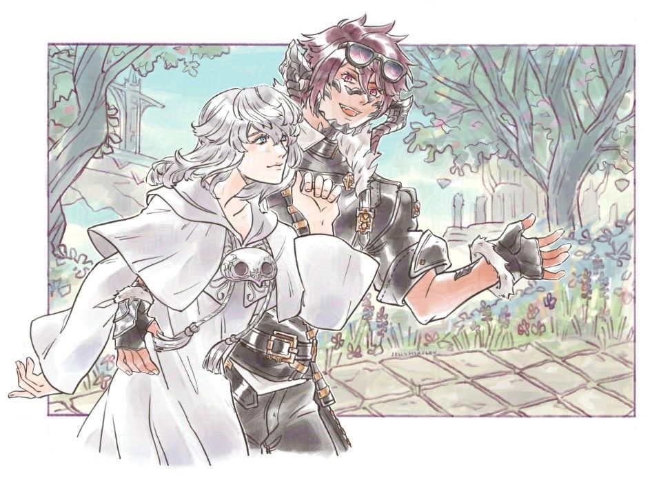 Waist up drawing of Natus and Themis walking through Elpis.