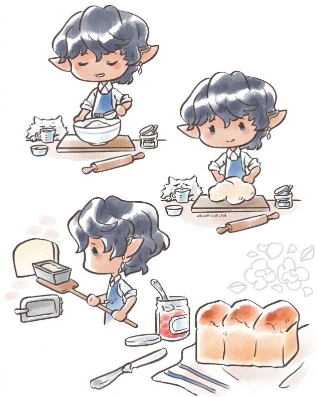 Drawings of chibi Aymeric mixing, kneading, and baking a loaf of bread.  He's wearing a blue apron and is supervised by a fluffy white cat.