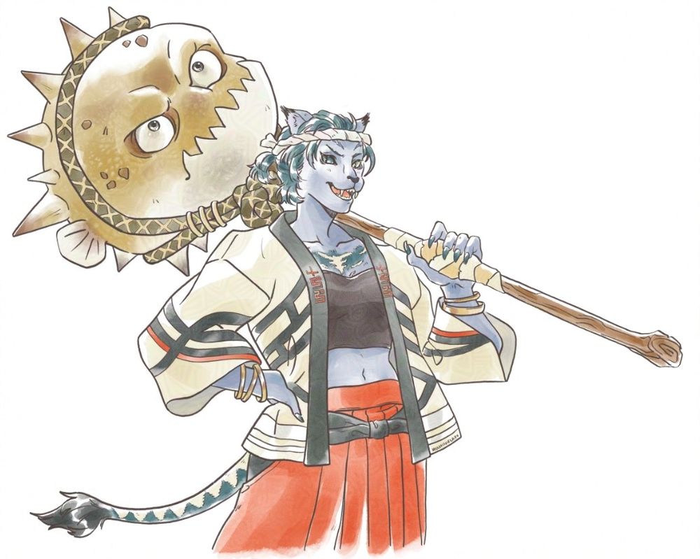 Drawing of a Hrothgar holding a Figmental Fish Stick over her shoulder with a confident grin.