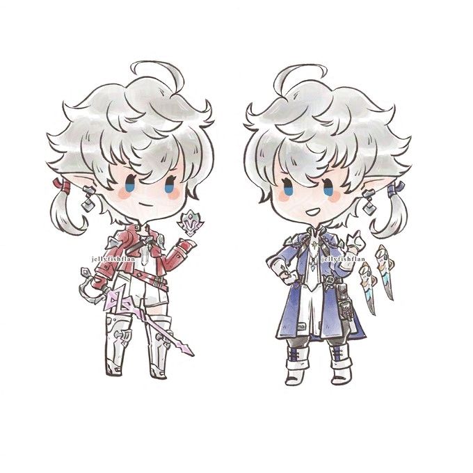 Chibi drawing of Alisaie and Alphinaud in their Endwalker outfits.
