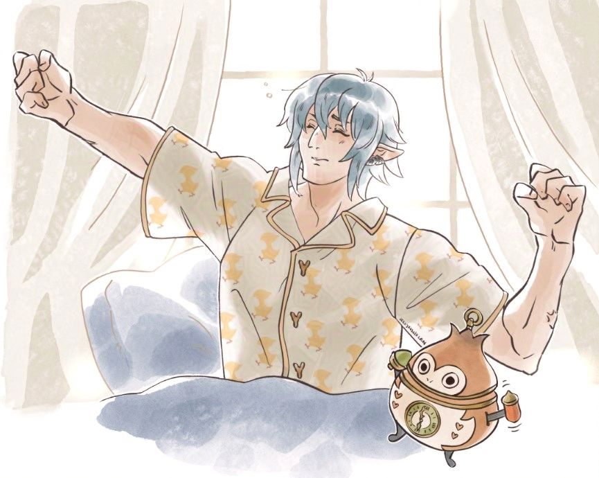 Drawing of Haurchefant stretching his arms after waking up in front of a sunny window. He's wearing hatchling print pajamas and a paissa chronometer rings in the foreground.