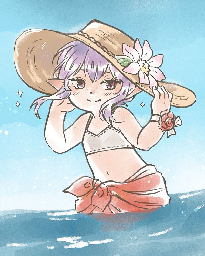 half body drawing of Tataru in a sun hat and swimsuit