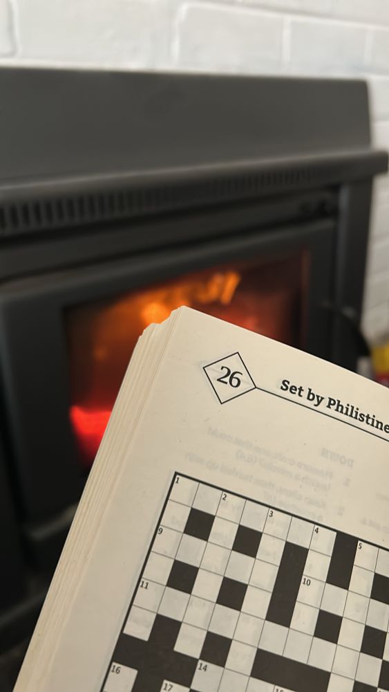 In the foreground, a Guardian cryptic crossword, not yet begun; in the background, a wood fire in soft focus.