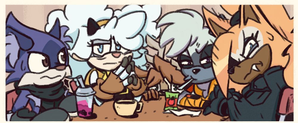 A redraw of an IDW comic panel depicting Whisper the wolf, Lanolin the sheep, Duo the cat and Tangle the lemur, this time it also features a fan character named Twill the deer. Twill is hiding under the table, slightly peeking out as he's scared of Surge the tenrec and Kitsunami the fennec, mainly due to what he heard about them from Whisper.
